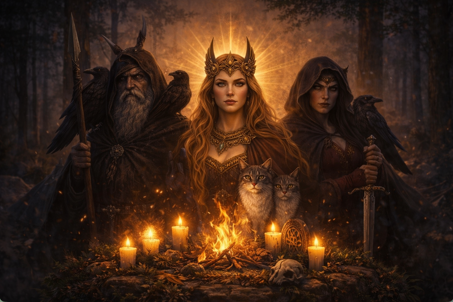 Götter & Kräfte – Odin, Freyja und Morrigan im Wald