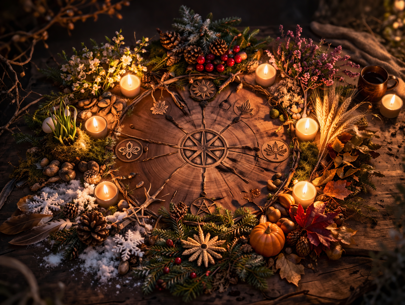 Jahreskreis Altar mit Kerzen, Naturgaben und den Spuren der acht Tore
