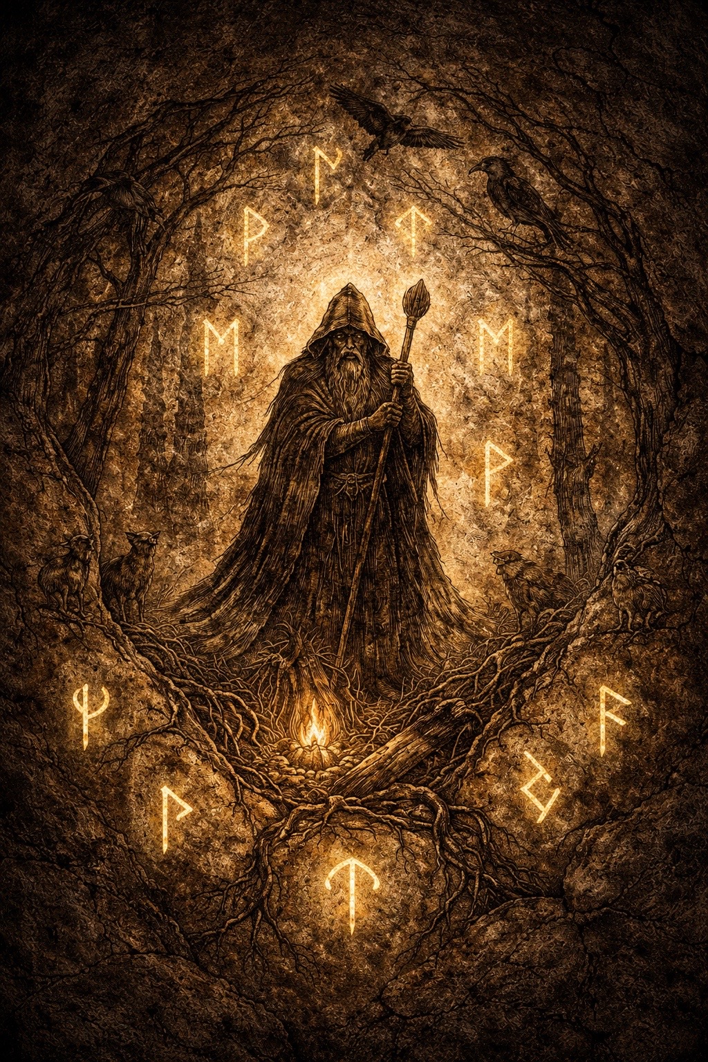 Mystisches Odin-Motiv mit Runen und Raben